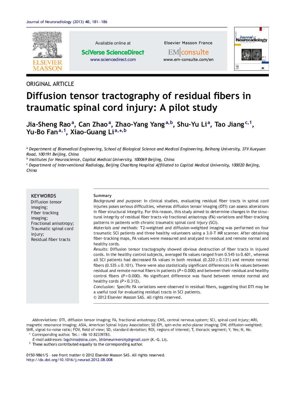 Diffusion tensor tractography of residual fibers in traumatic spinal cord injury: A pilot study