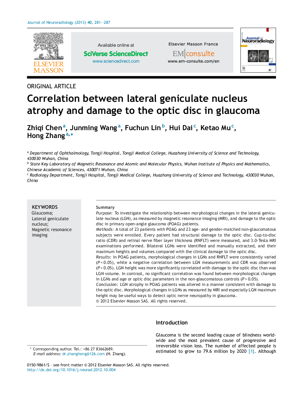 Correlation between lateral geniculate nucleus atrophy and damage to the optic disc in glaucoma