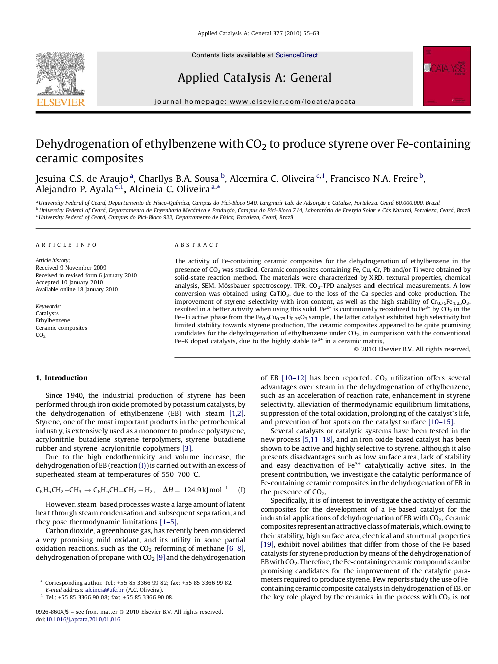 Dehydrogenation of ethylbenzene with CO2 to produce styrene over Fe-containing ceramic composites