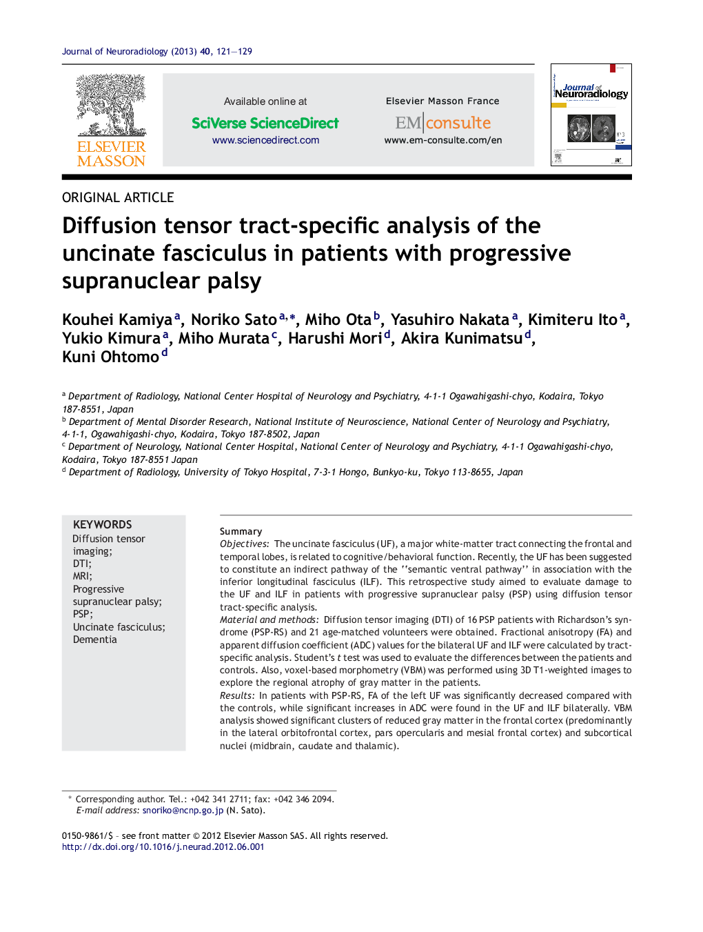 Diffusion tensor tract-specific analysis of the uncinate fasciculus in patients with progressive supranuclear palsy