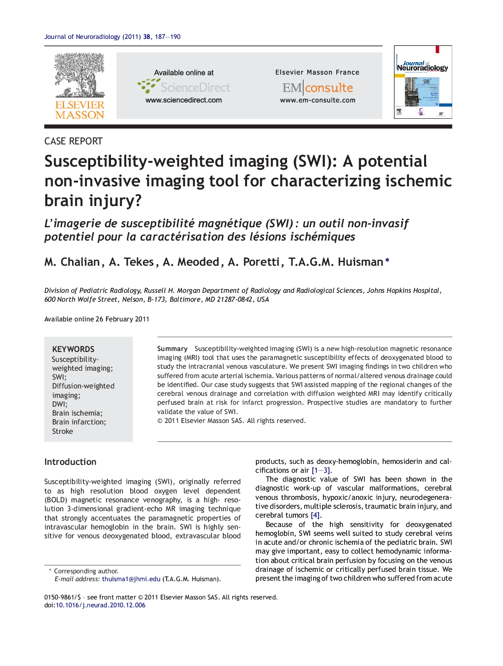 Susceptibility-weighted imaging (SWI): A potential non-invasive imaging tool for characterizing ischemic brain injury?