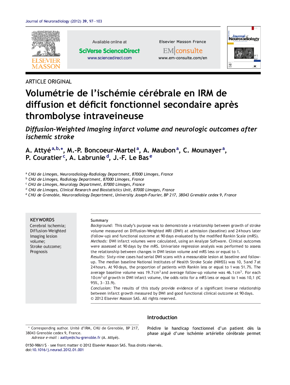 Volumétrie de l’ischémie cérébrale en IRM de diffusion et déficit fonctionnel secondaire après thrombolyse intraveineuse