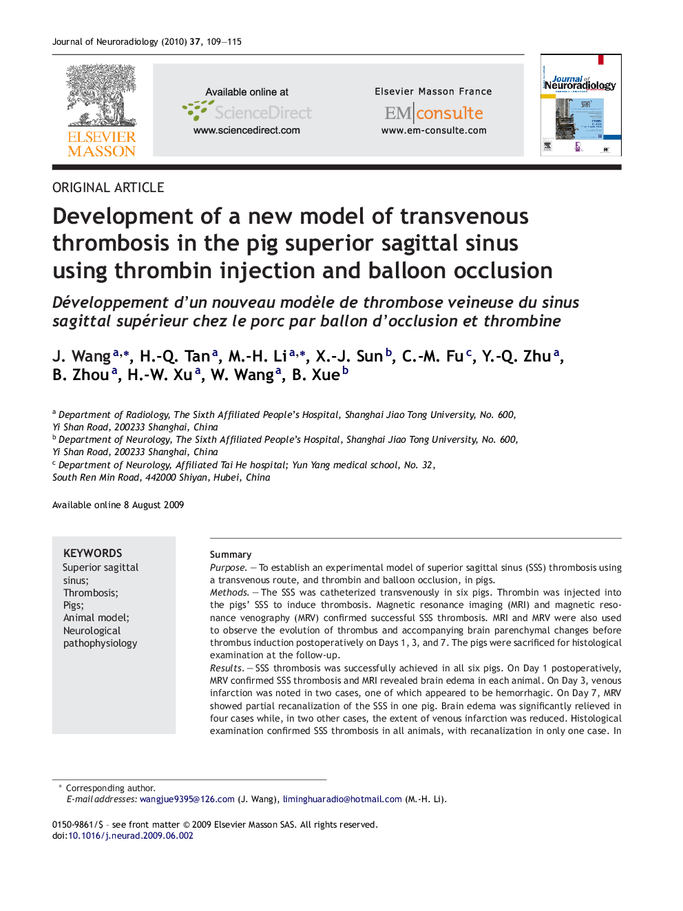 Development of a new model of transvenous thrombosis in the pig superior sagittal sinus using thrombin injection and balloon occlusion