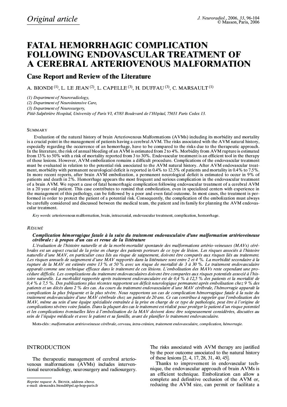 Fatal hemorrhagic complication following endovascular treatment of a cerebral arteriovenous malformation