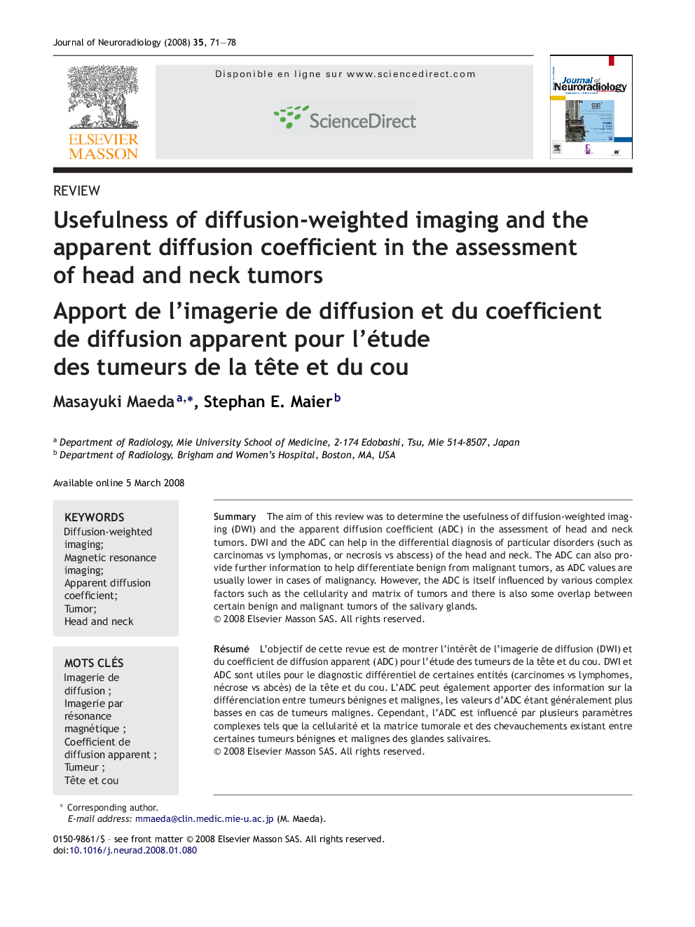 Usefulness of diffusion-weighted imaging and the apparent diffusion coefficient in the assessment of head and neck tumors