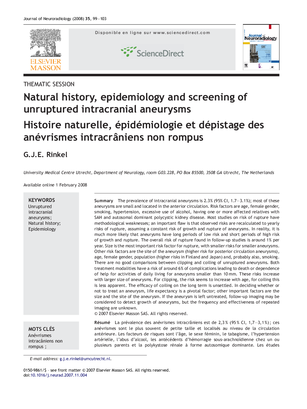 Natural history, epidemiology and screening of unruptured intracranial aneurysms