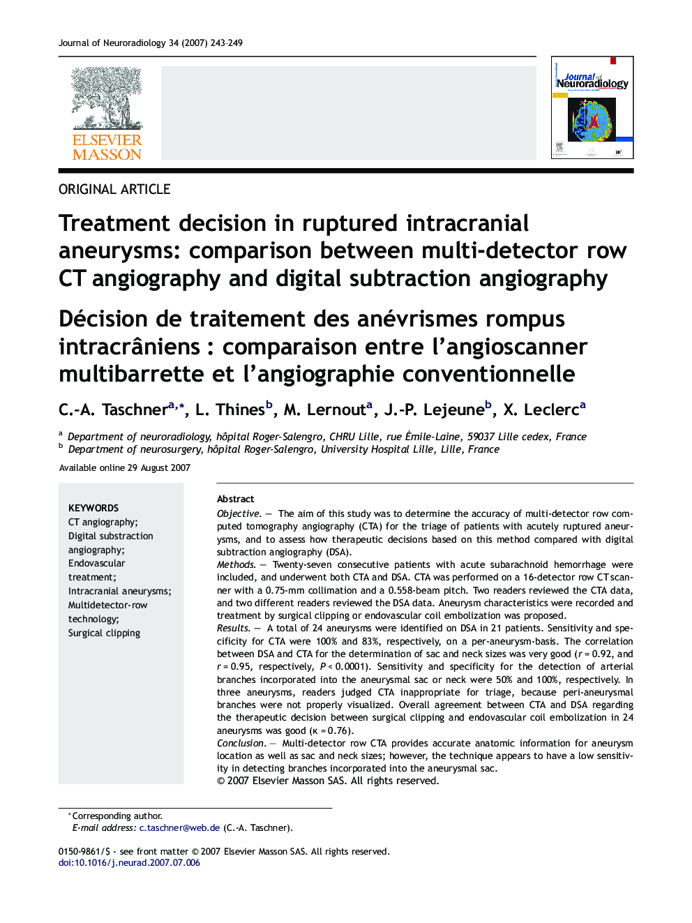 Treatment decision in ruptured intracranial aneurysms: comparison between multi-detector row CT angiography and digital subtraction angiography