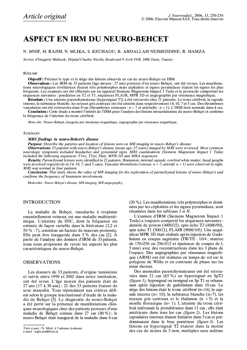عکس صفحه اول مقاله: Aspect en IRM du neuro-behcet Aspect en IRM du neuro-behcet