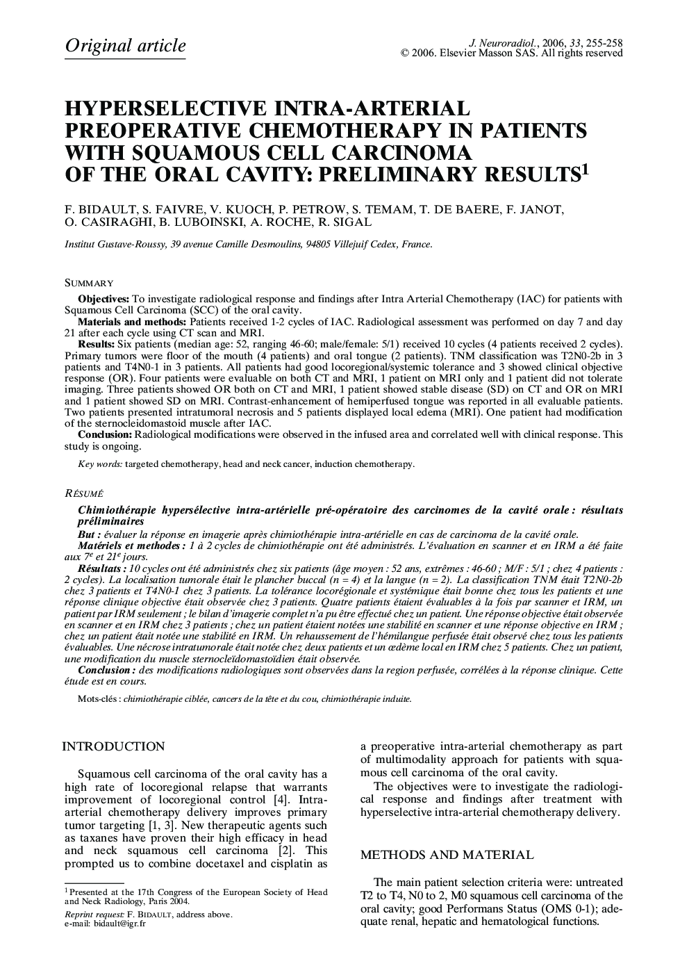 Hyperselective intra-arterial preoperative chemotherapy in patients with squamous cell carcinoma of the oral cavity: preliminary results