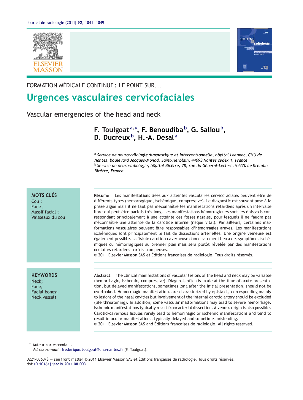 Urgences vasculaires cervicofaciales