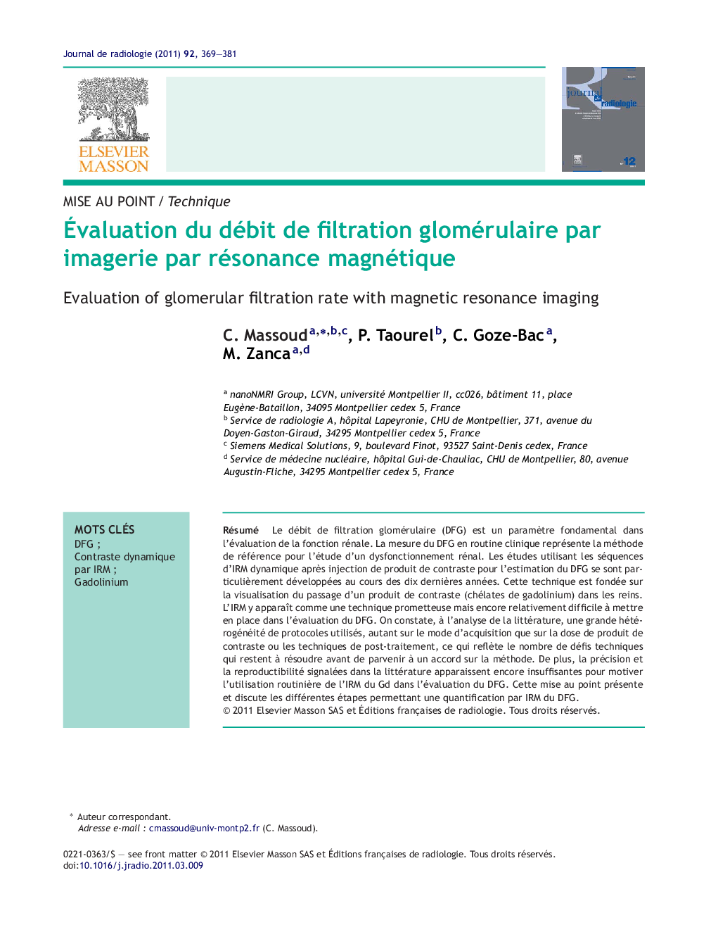 Ãvaluation du débit de filtration glomérulaire par imagerie par résonance magnétique