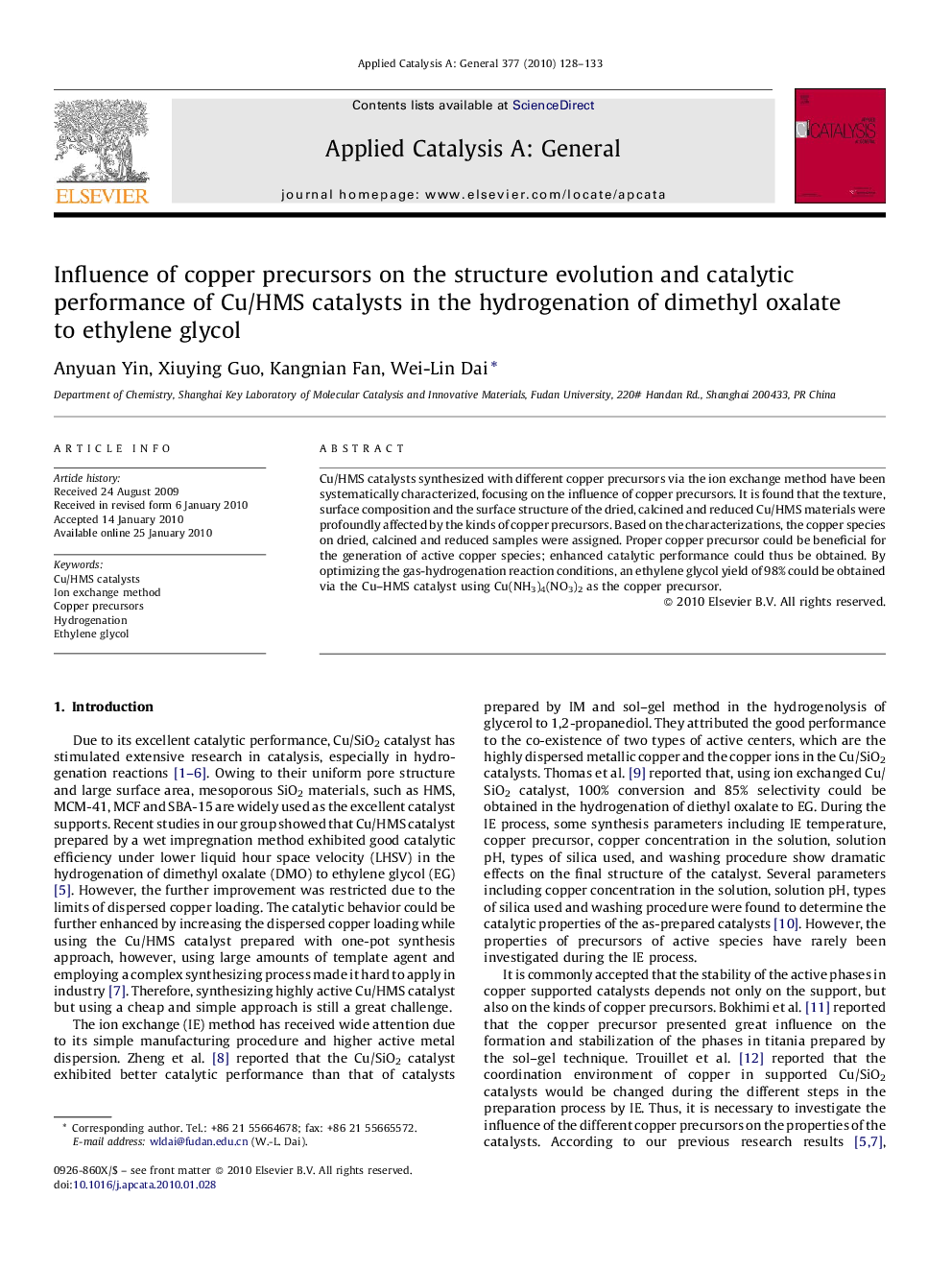 Influence of copper precursors on the structure evolution and catalytic performance of Cu/HMS catalysts in the hydrogenation of dimethyl oxalate to ethylene glycol