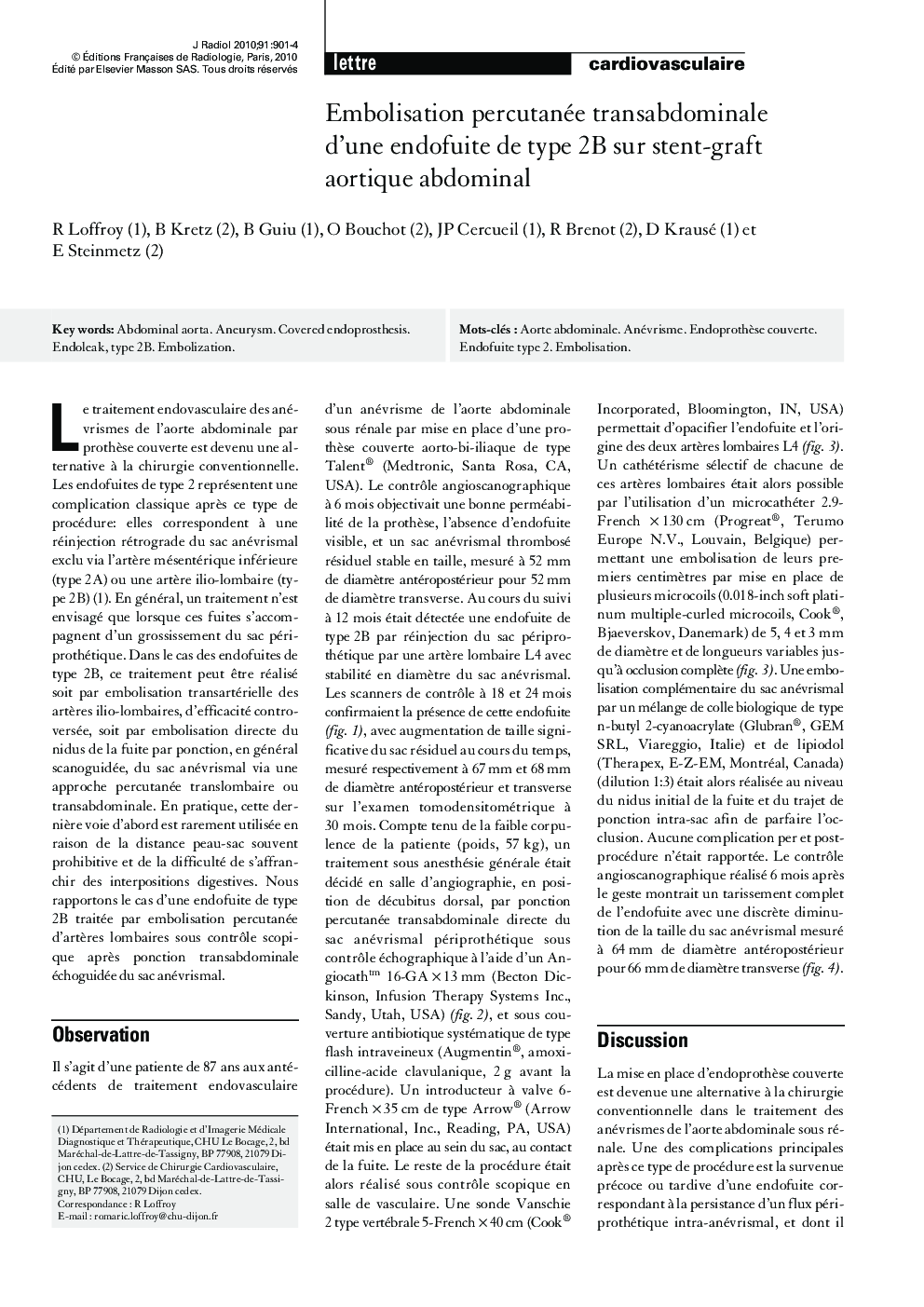 Embolisation percutanée transabdominale d'une endofuite de type 2B sur stent-graft aortique abdominal