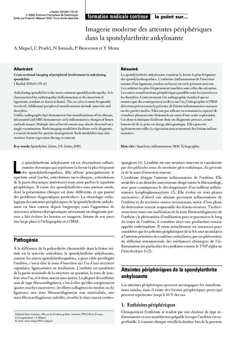 Imagerie moderne des atteintes périphériques dans la spondylarthrite ankylosante