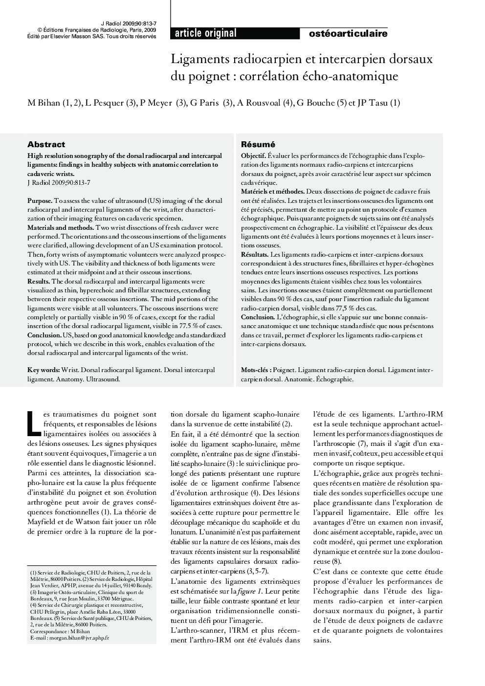 Ligaments radiocarpien et intercarpien dorsaux du poignetÂ : corrélation écho-anatomique