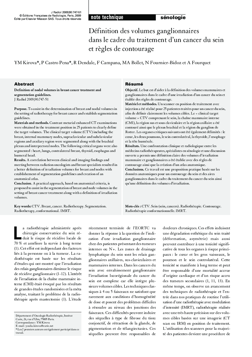 Définition des volumes ganglionnaires dans le cadre du traitement d'un cancer du sein et rÃ¨gles de contourage