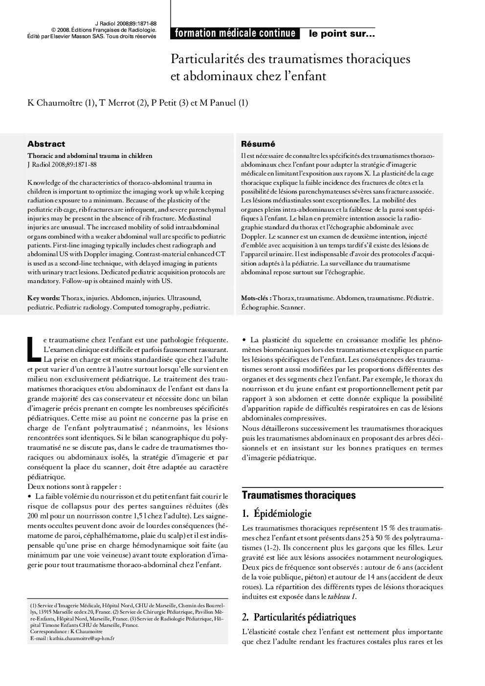 Particularités des traumatismes thoraciques et abdominaux chez l'enfant