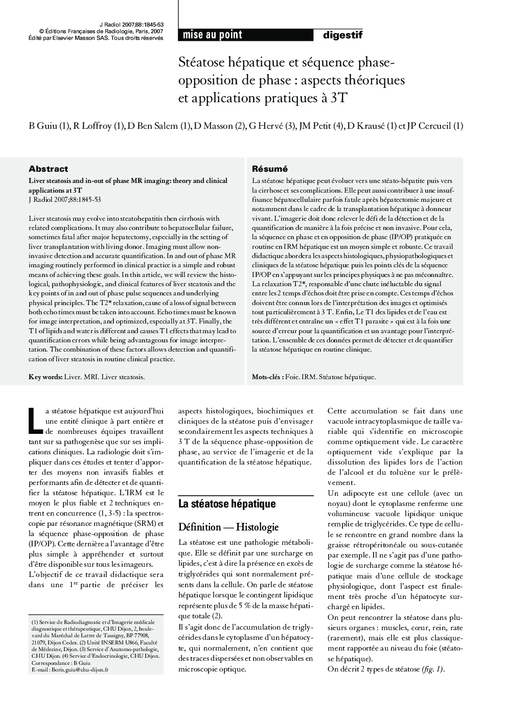 Stéatose hépatique et séquence phase- opposition de phase : aspects théoriques et applications pratiques Ã  3T