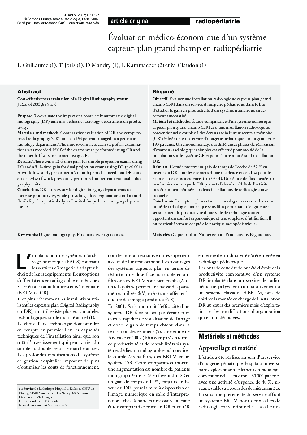 عکس صفحه اول مقاله: RadiopédiatrieÃvaluation médico-économique d'un système capteur-plan grand champ en radiopédiatrieCost-effectiveness evaluation of a Digital Radiography system RadiopédiatrieÃvaluation médico-économique d'un système capteur-plan grand champ en radiopédiatrieCost-effectiveness evaluation of a Digital Radiography system