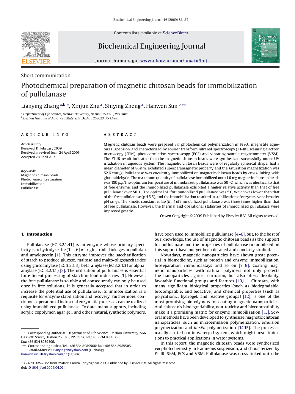 Photochemical preparation of magnetic chitosan beads for immobilization of pullulanase