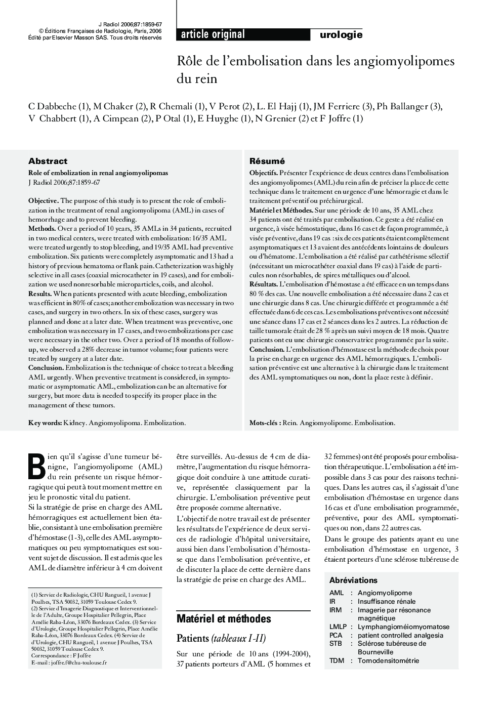 RÃ´le de l'embolisation dans les angiomyolipomes du rein