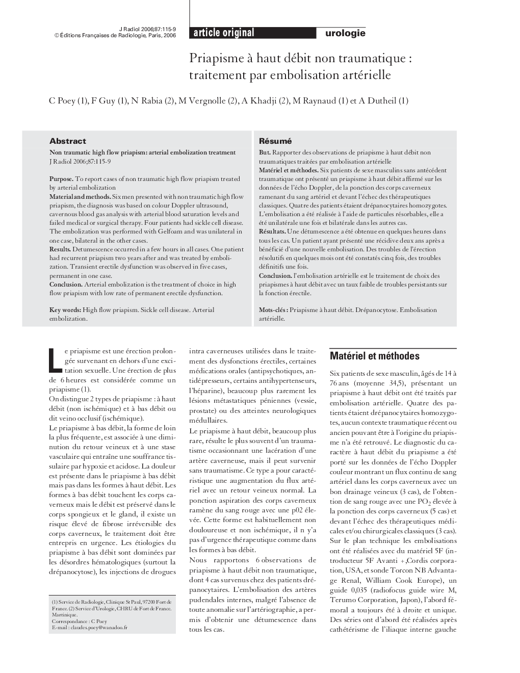 Priapisme Ã  haut débit non traumatique : traitement par embolisation artérielle