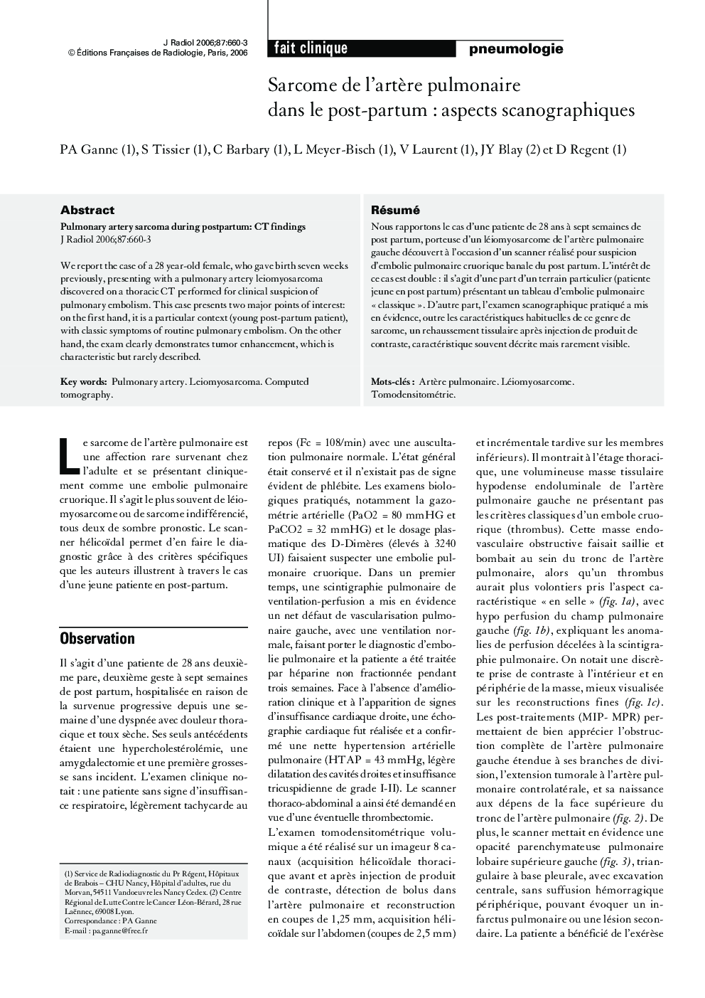 Sarcome de l'artÃ¨re pulmonaire dans le post-partum: aspects scanographiques