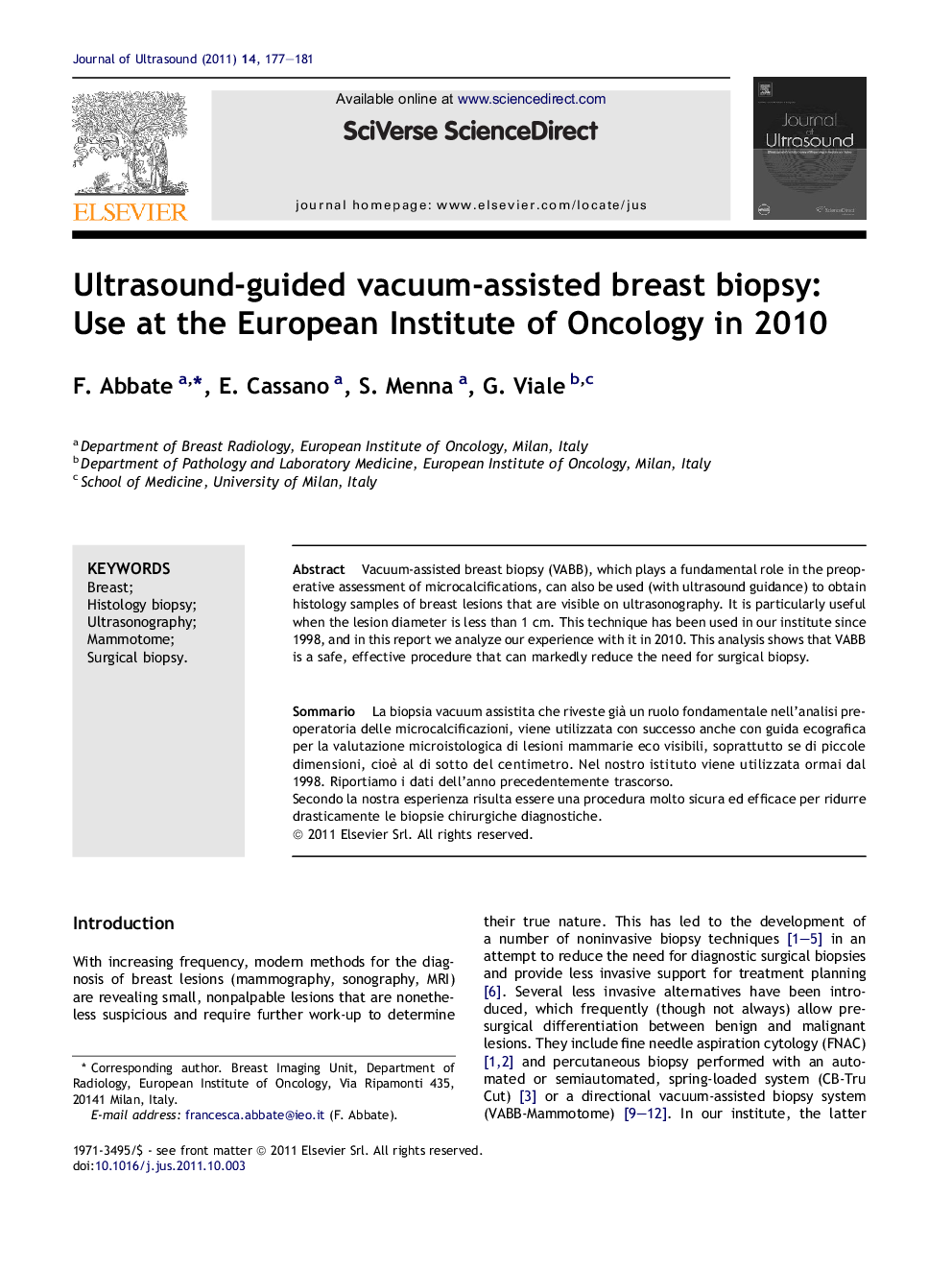 Ultrasound-guided vacuum-assisted breast biopsy: Use at the European Institute of Oncology in 2010