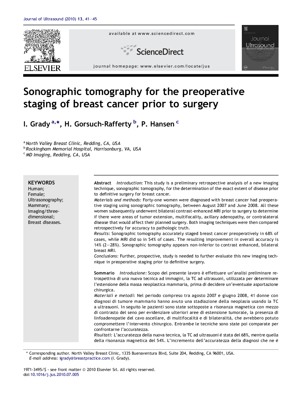 Sonographic tomography for the preoperative staging of breast cancer prior to surgery