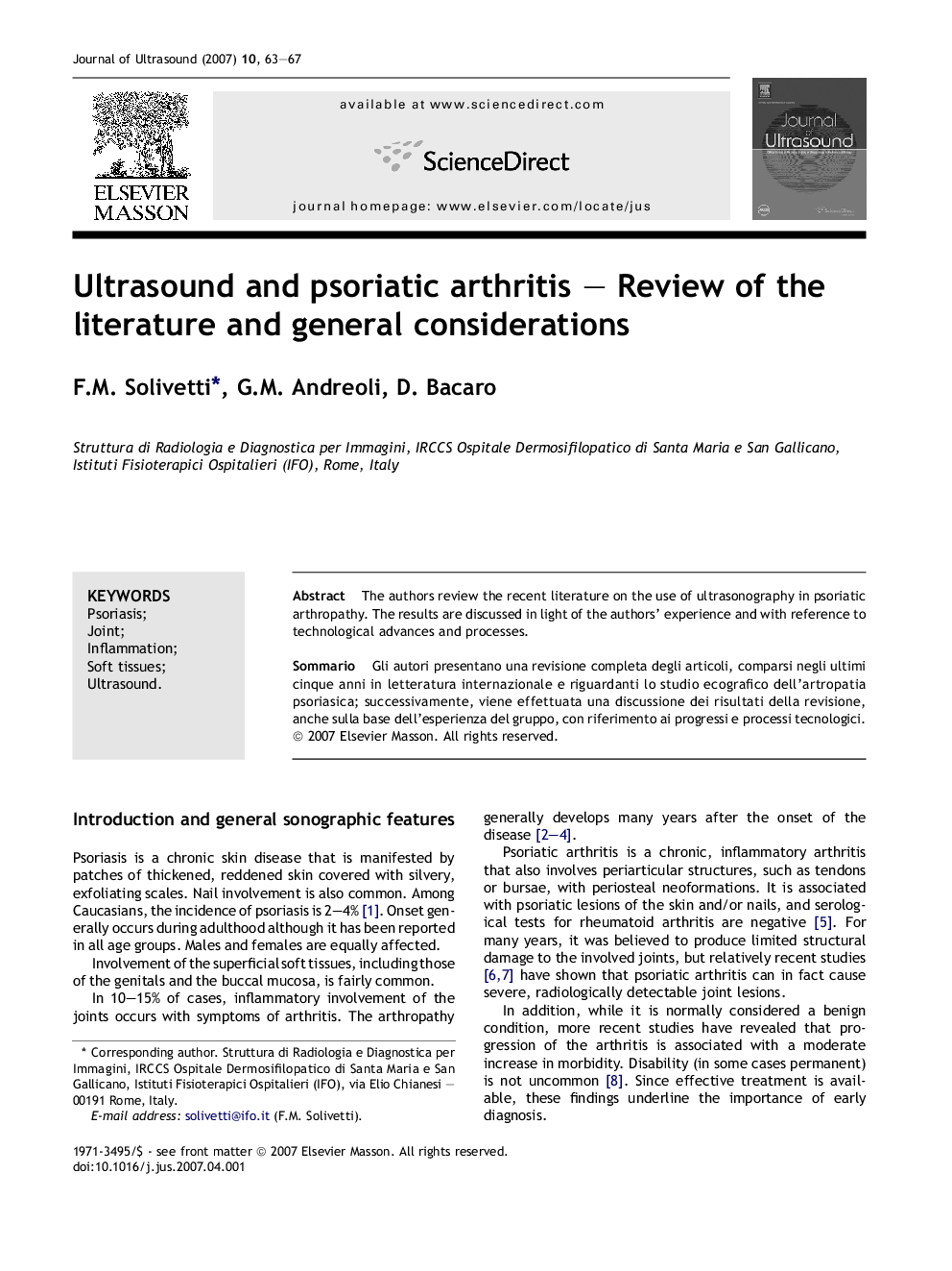 Ultrasound and psoriatic arthritis – Review of the literature and general considerations