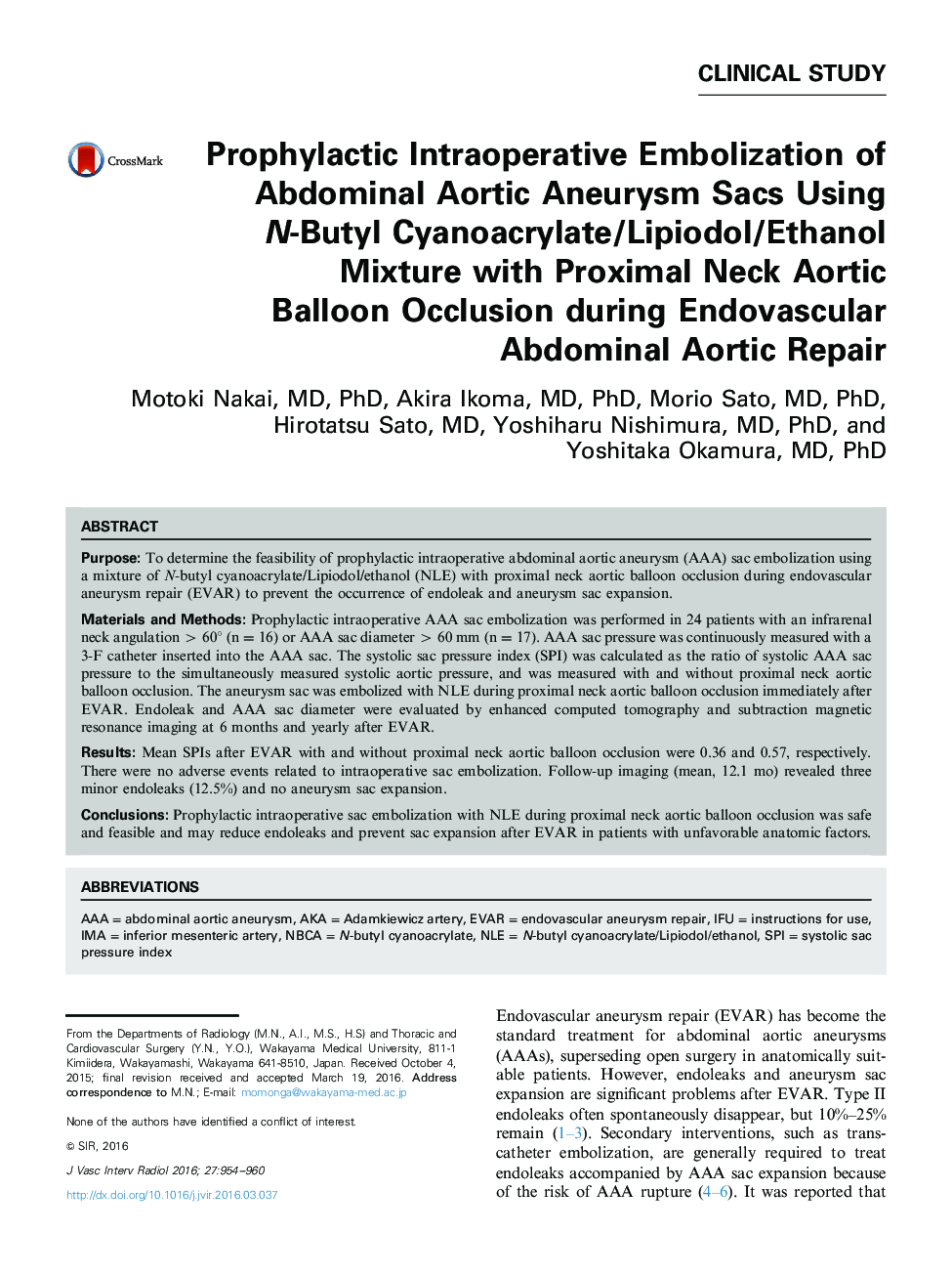 Prophylactic Intraoperative Embolization of Abdominal Aortic Aneurysm Sacs Using N-Butyl Cyanoacrylate/Lipiodol/Ethanol Mixture with Proximal Neck Aortic Balloon Occlusion during Endovascular Abdominal Aortic Repair