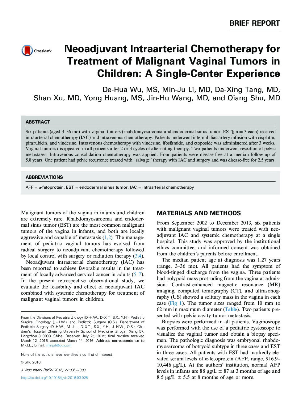 Neoadjuvant Intraarterial Chemotherapy for Treatment of Malignant Vaginal Tumors in Children: A Single-Center Experience