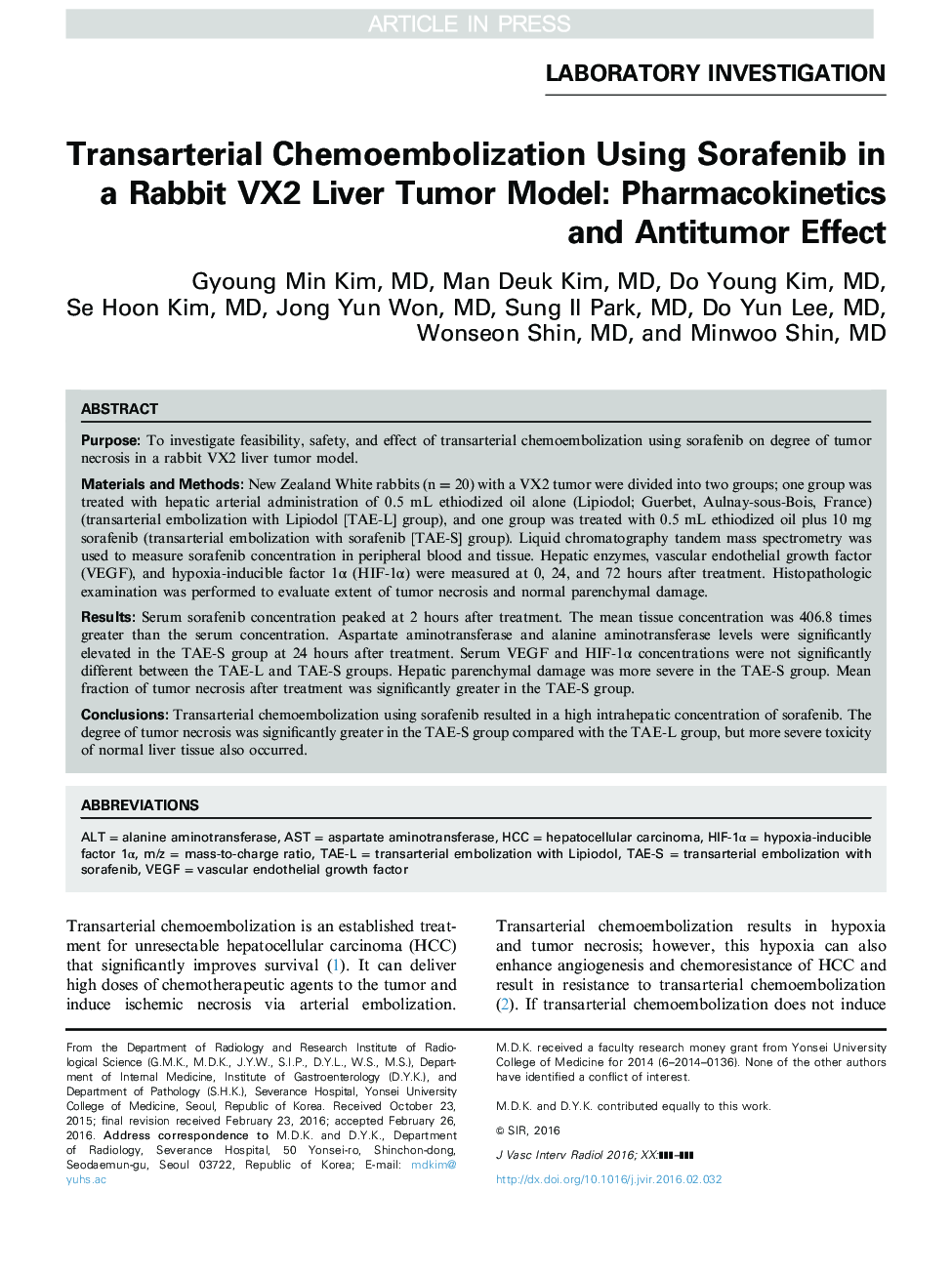 Transarterial Chemoembolization Using Sorafenib in a Rabbit VX2 Liver Tumor Model: Pharmacokinetics and Antitumor Effect