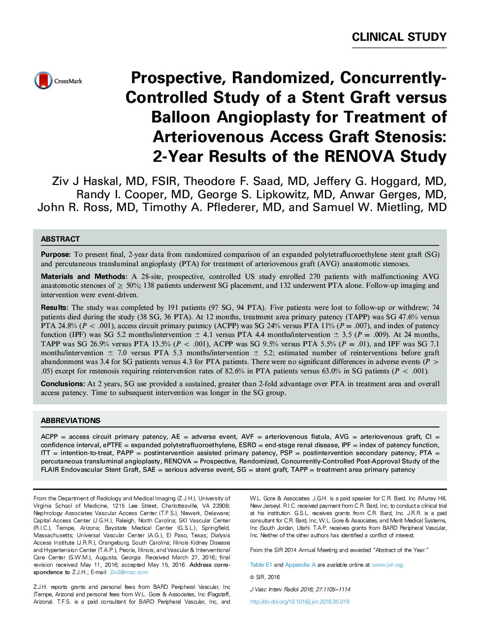 Prospective, Randomized, Concurrently-Controlled Study of a Stent Graft versus Balloon Angioplasty for Treatment of Arteriovenous Access Graft Stenosis: 2-Year Results of the RENOVA Study