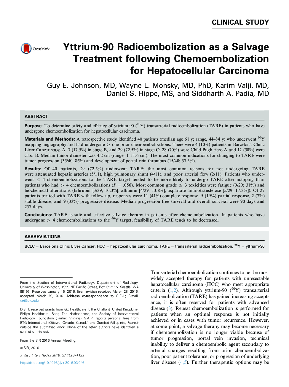 Yttrium-90 Radioembolization as a Salvage Treatment following Chemoembolization for Hepatocellular Carcinoma