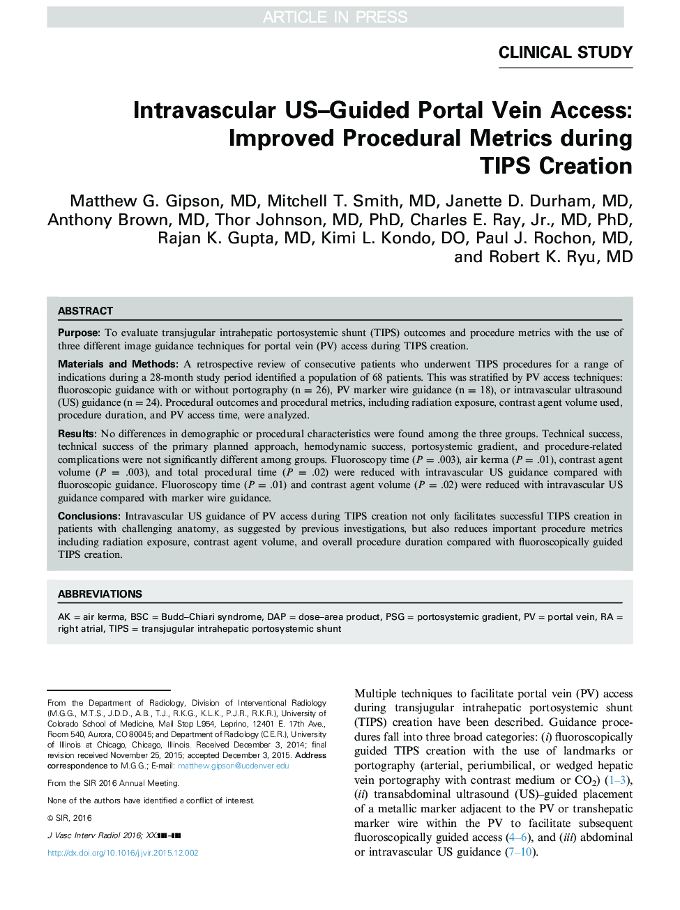 Intravascular US-Guided Portal Vein Access: Improved Procedural Metrics during TIPS Creation