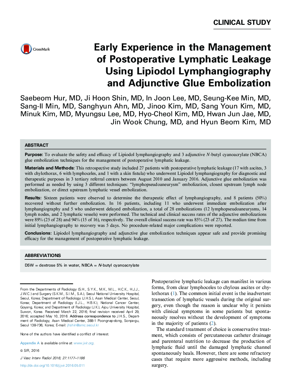 Early Experience in the Management of Postoperative Lymphatic Leakage Using Lipiodol Lymphangiography and Adjunctive Glue Embolization