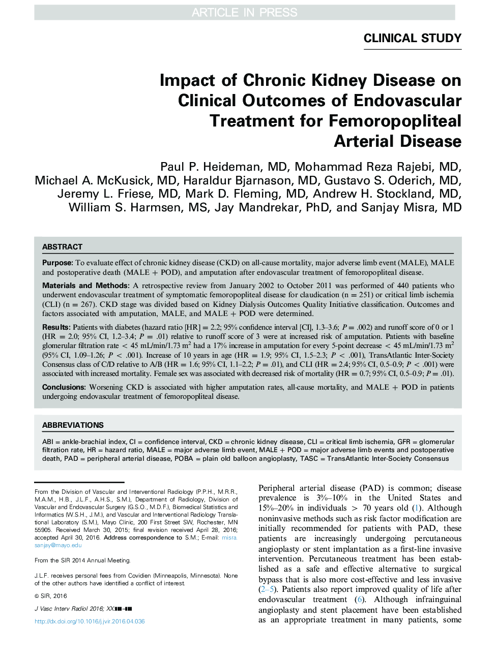 Impact of Chronic Kidney Disease on Clinical Outcomes of Endovascular Treatment for Femoropopliteal Arterial Disease