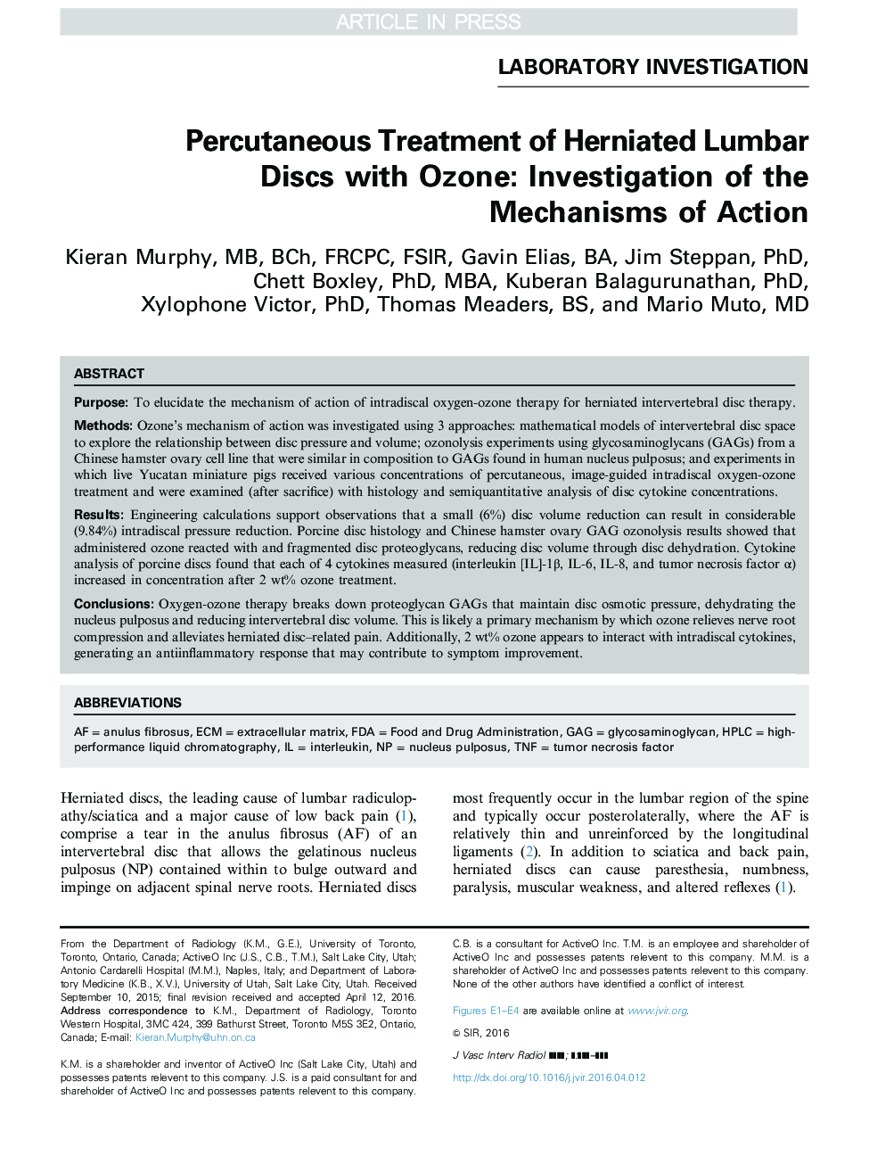 Percutaneous Treatment of Herniated Lumbar Discs with Ozone: Investigation of the Mechanisms of Action