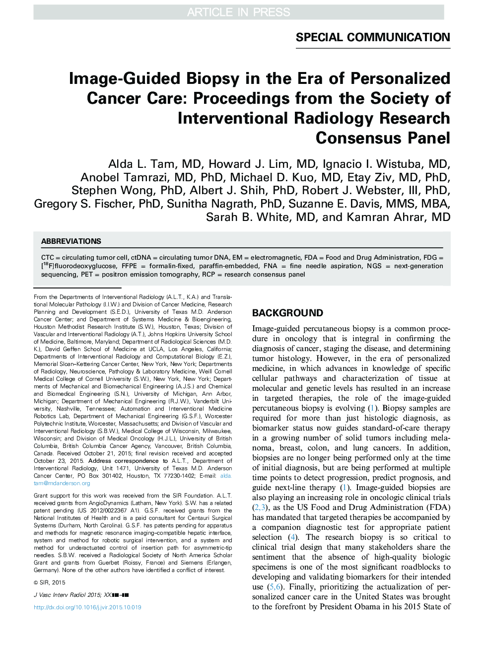 بیوپسی تصویری هدایت شده در دوران مراقبت های سرطانی فردی: مقالاتی از انجمن تحقیقات مداخله ای رادیولوژی پژوهشی 