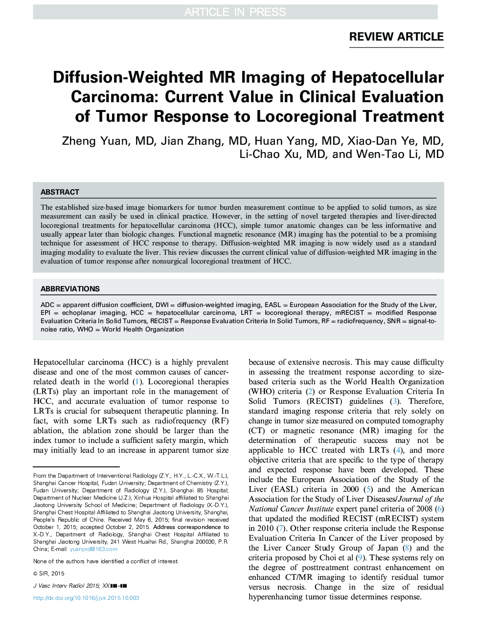 Diffusion-Weighted MR Imaging of Hepatocellular Carcinoma: Current Value in Clinical Evaluation of Tumor Response to Locoregional Treatment