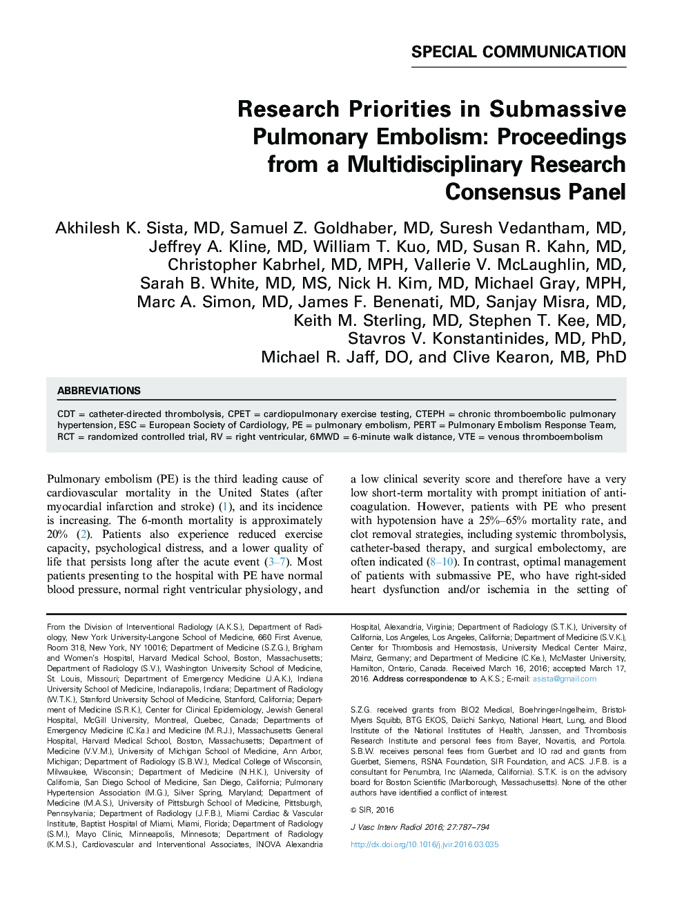 Research Priorities in Submassive Pulmonary Embolism: Proceedings from a Multidisciplinary Research Consensus Panel