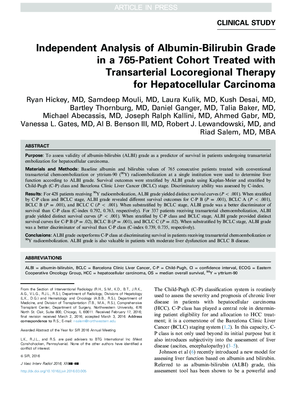 تجزیه و تحلیل مستقل از درجه آلبومین-بیلیروبین در یک گروه سکته 765 بیمار درمان شده با درمان محلی منطقه ای برای کارسینوم هپاتوسلولار 