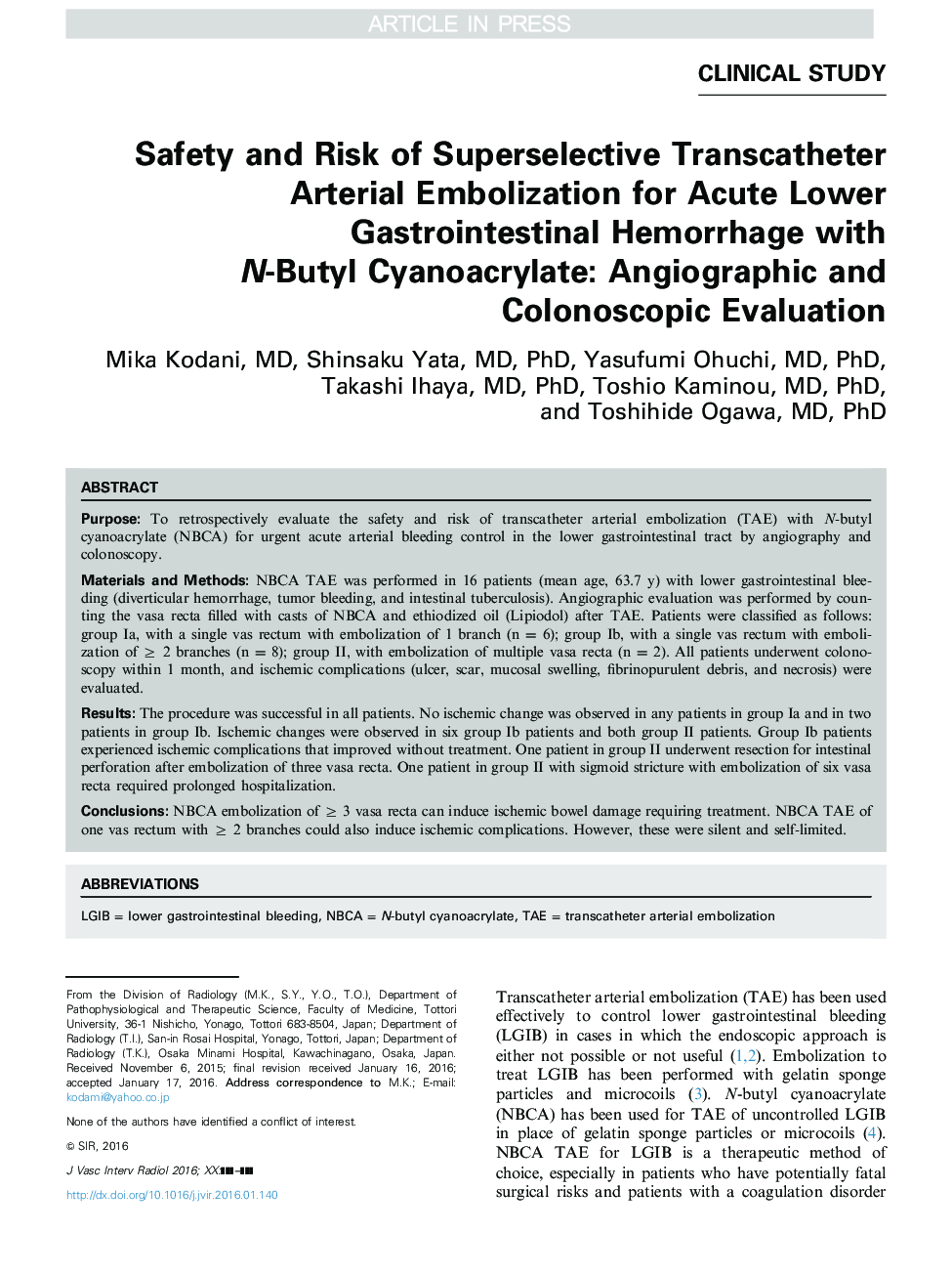 Safety and Risk of Superselective Transcatheter Arterial Embolization for Acute Lower Gastrointestinal Hemorrhage with N-Butyl Cyanoacrylate: Angiographic and Colonoscopic Evaluation