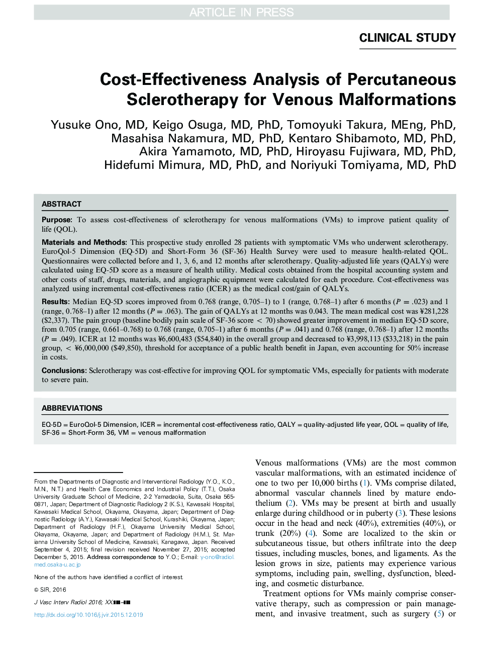 Cost-Effectiveness Analysis of Percutaneous Sclerotherapy for Venous Malformations