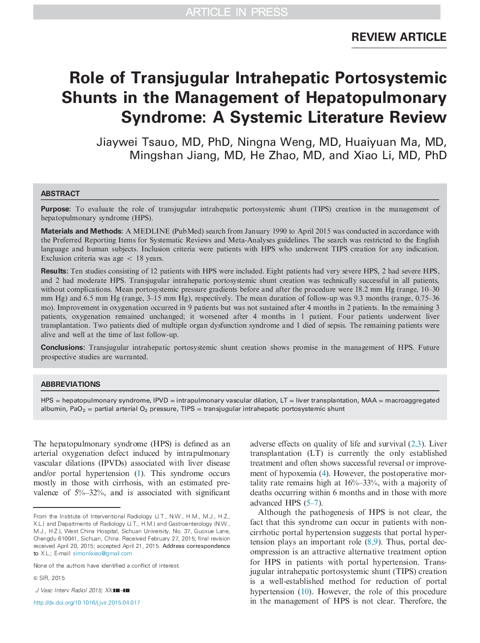 Role of Transjugular Intrahepatic Portosystemic Shunts in the Management of Hepatopulmonary Syndrome: A Systemic Literature Review