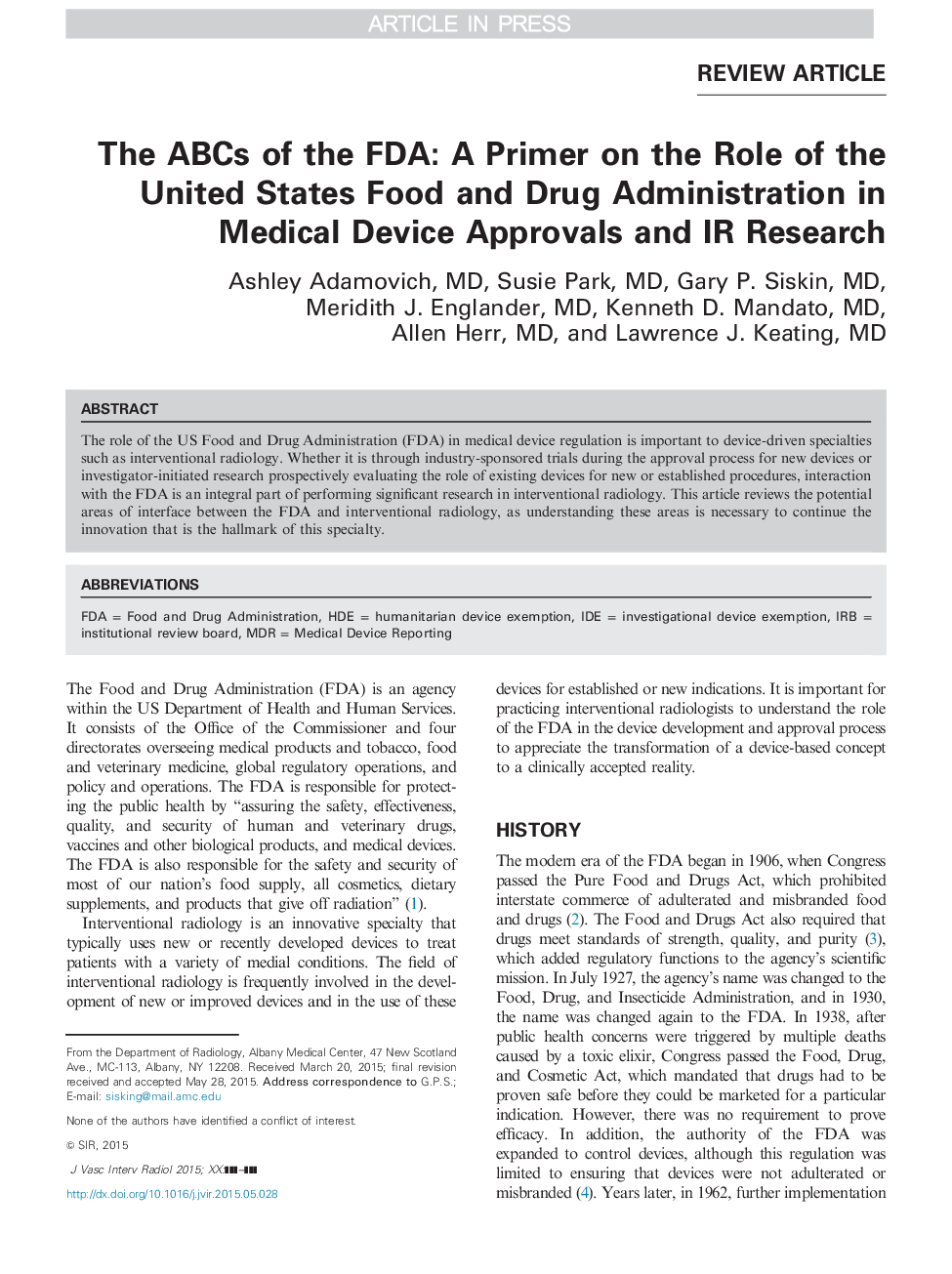 عکس صفحه اول مقاله: The ABCs of the FDA: A Primer on the Role of the United States Food and Drug Administration in Medical Device Approvals and IR Research The ABCs of the FDA: A Primer on the Role of the United States Food and Drug Administration in Medical Device Approvals and IR Research