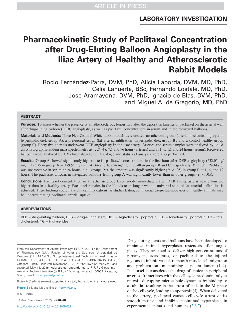 Pharmacokinetic Study of Paclitaxel Concentration after Drug-Eluting Balloon Angioplasty in the Iliac Artery of Healthy and Atherosclerotic Rabbit Models