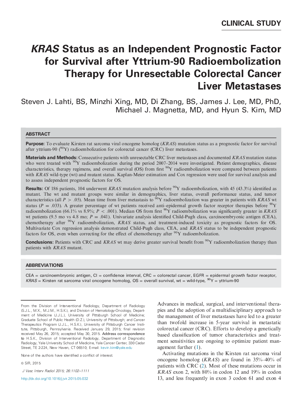 KRAS Status as an Independent Prognostic Factor for Survival after Yttrium-90 Radioembolization Therapy for Unresectable Colorectal Cancer Liver Metastases