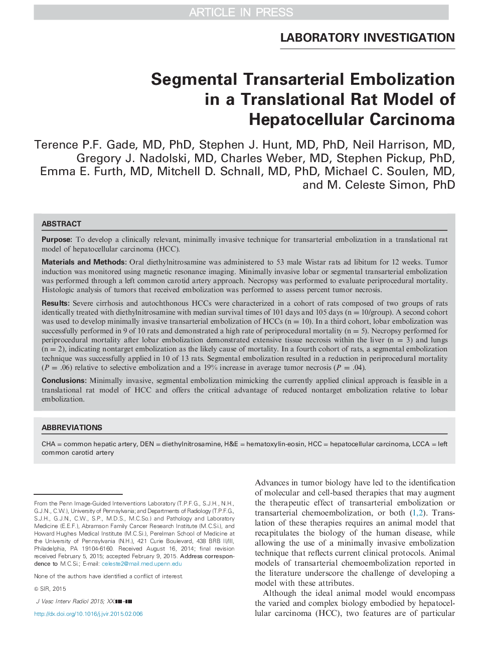 Segmental Transarterial Embolization in a Translational Rat Model of Hepatocellular Carcinoma
